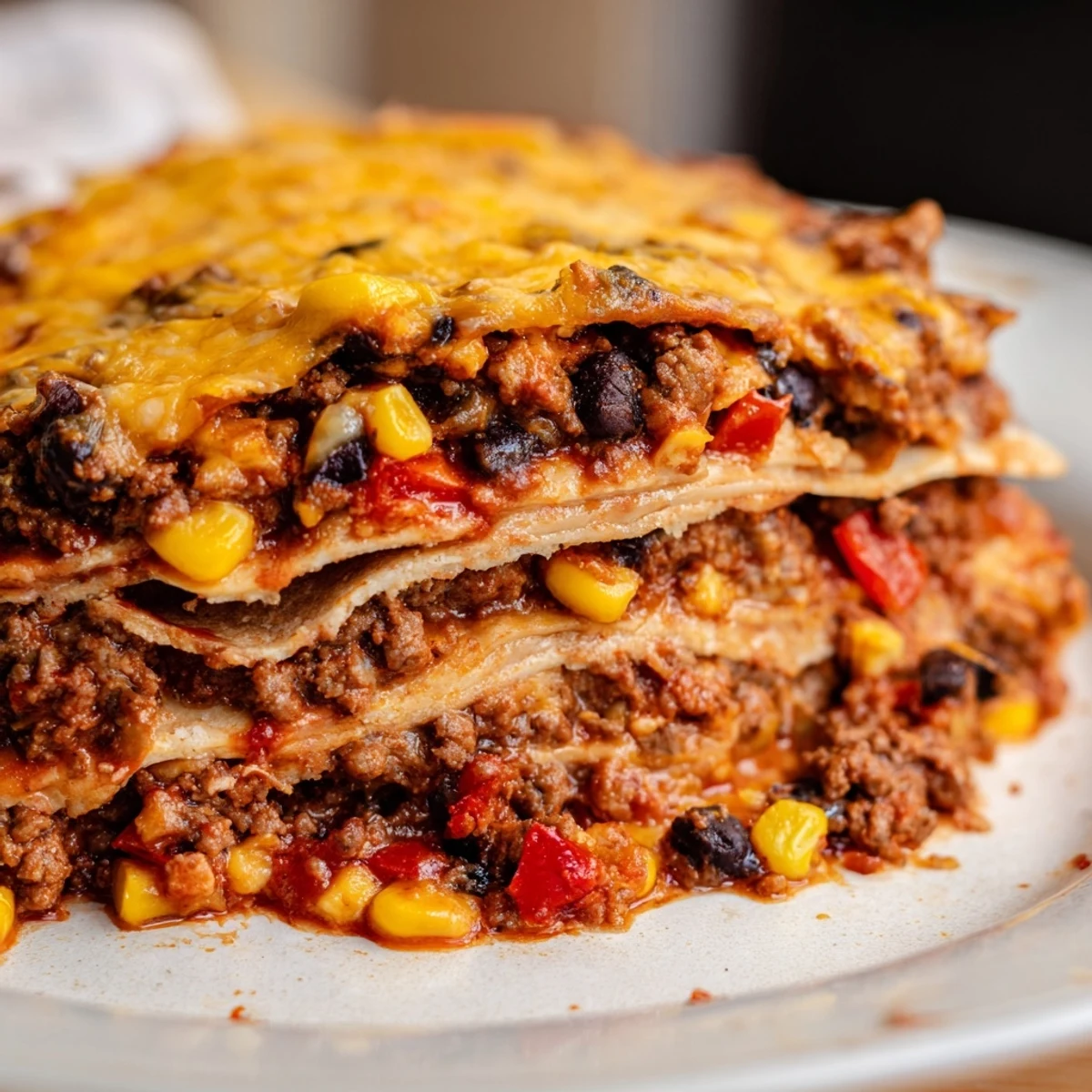 Golden bubbly Mexican lasagna with layers of seasoned beef and melted cheese in baking dish