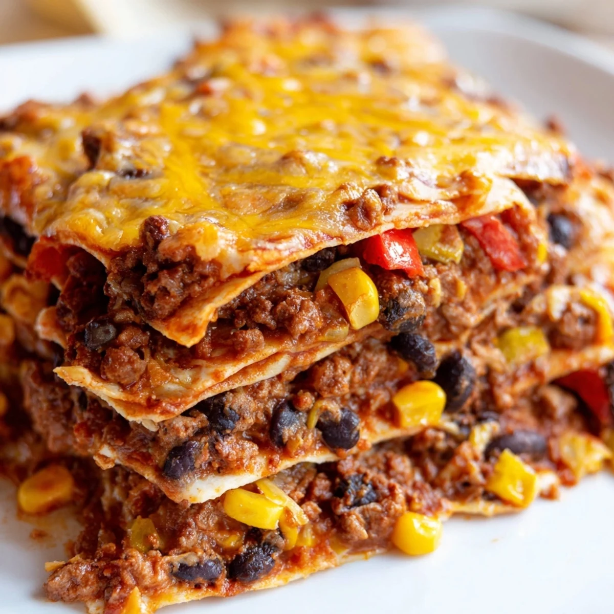 Mexican lasagna layered with tortillas spicy ground beef beans corn and gooey melted cheese