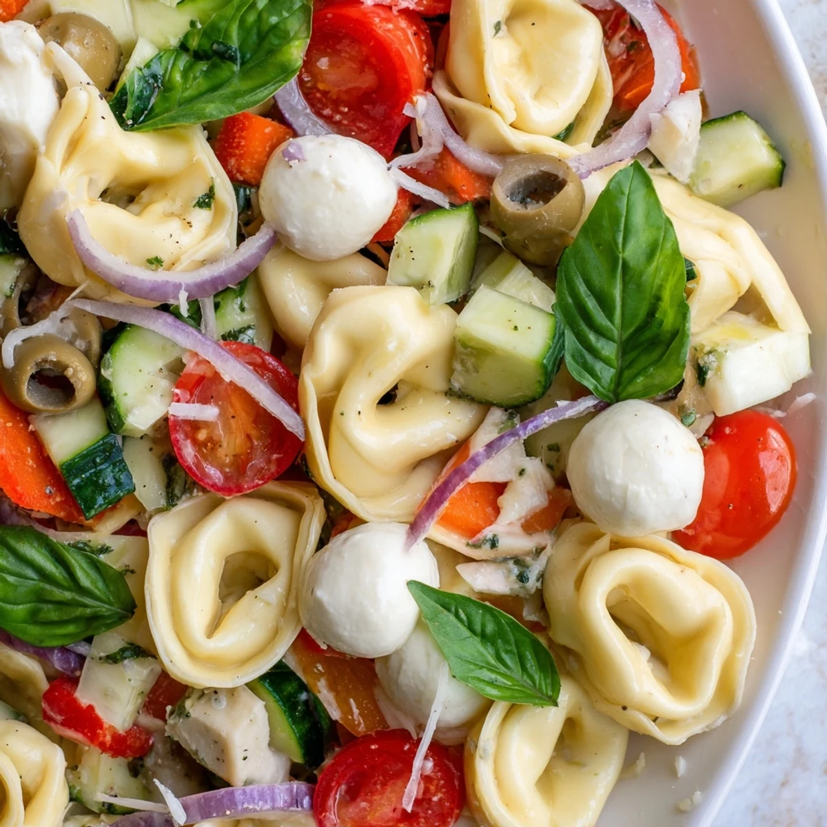 Creamy cheese tortellini salad topped with fresh basil, olives, and grated Parmesan cheese