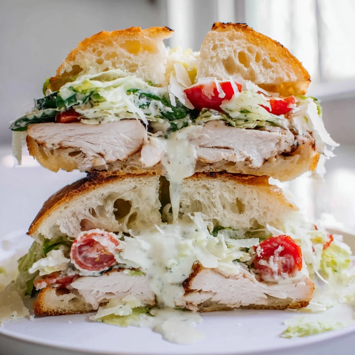 Grilled chicken Caesar sandwich with crisp romaine and creamy dressing on golden toasted ciabatta