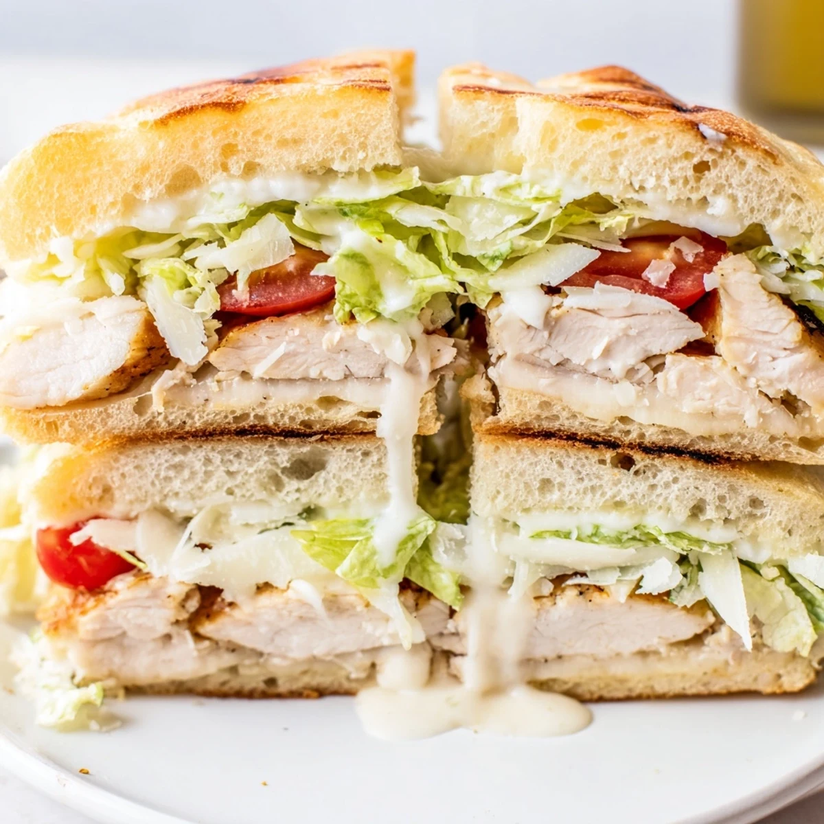 Juicy sliced chicken Caesar sandwich topped with shaved Parmesan and fresh crunchy lettuce