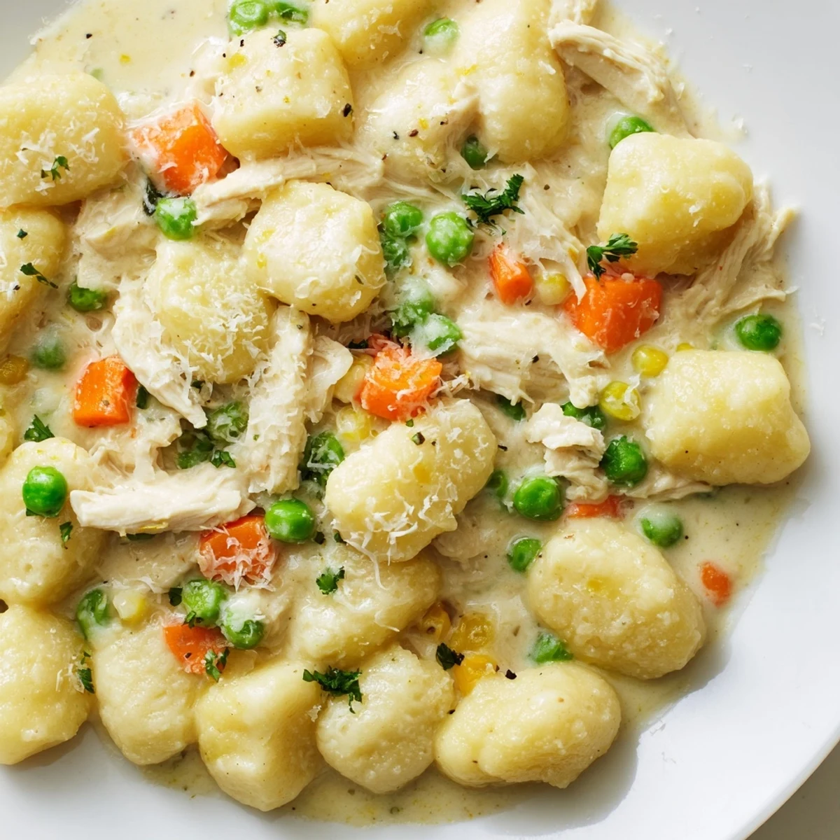 Creamy One Pot Gnocchi Chicken Pot Pie with tender vegetables in a golden skillet
