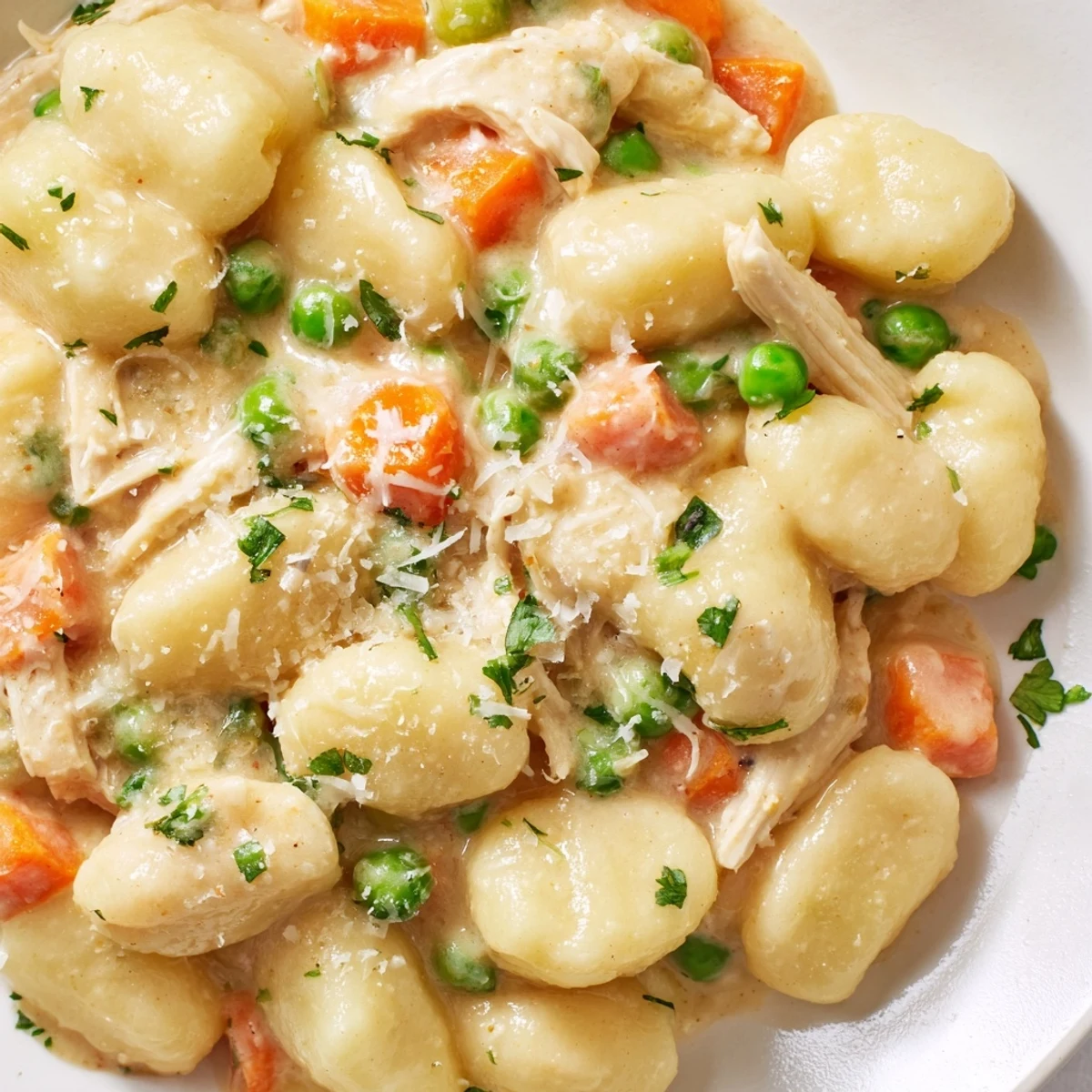 One Pot Gnocchi Chicken Pot Pie topped with fresh parsley and melted Parmesan