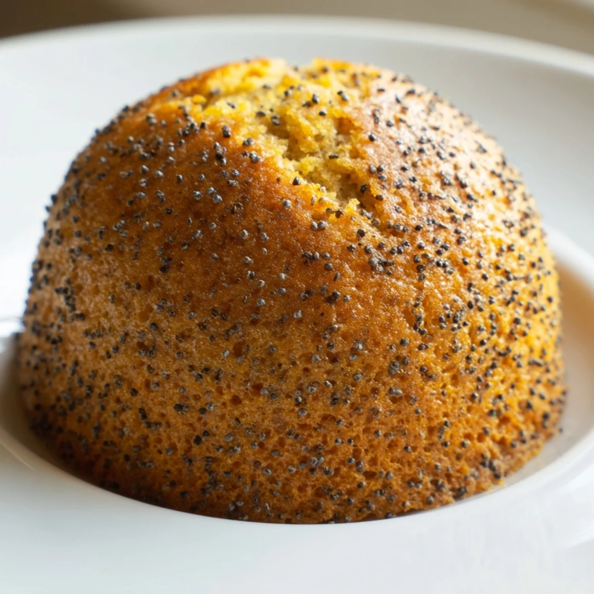 Moist lemon poppy seed muffins speckled with zest displayed on a rustic ceramic plate.