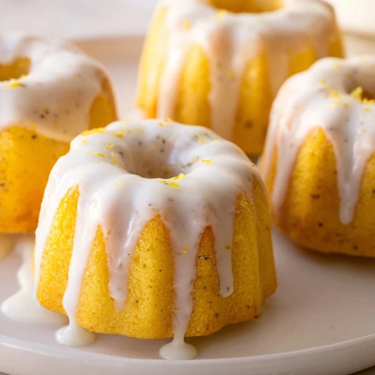 Golden mini lemon cakes drizzled with tangy glaze on a white serving plate