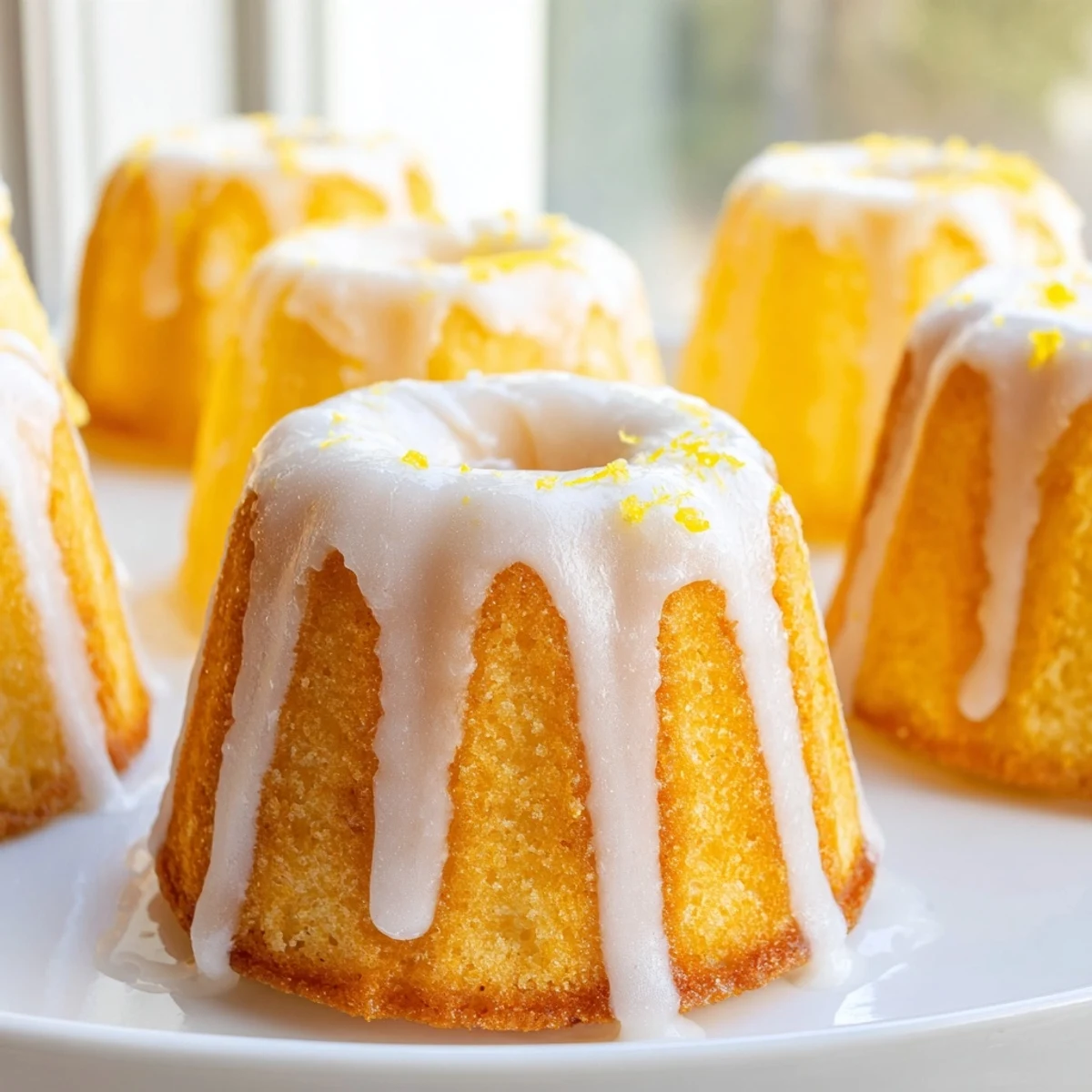 Moist mini lemon cakes topped with powdered sugar glaze and fresh zest