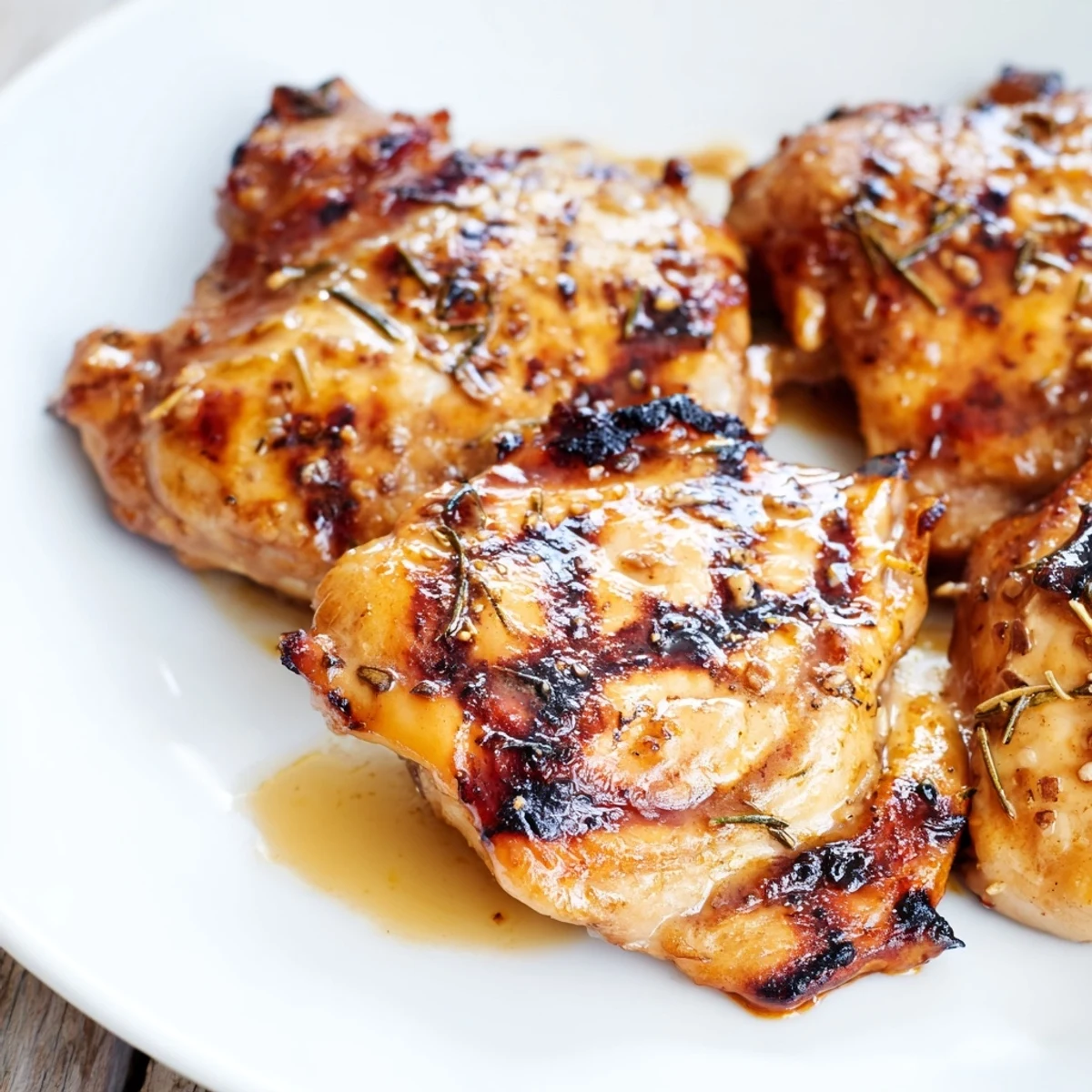 Golden crispy chicken thighs glistening with caramelized Killer Chicken Thigh Marinade on grill