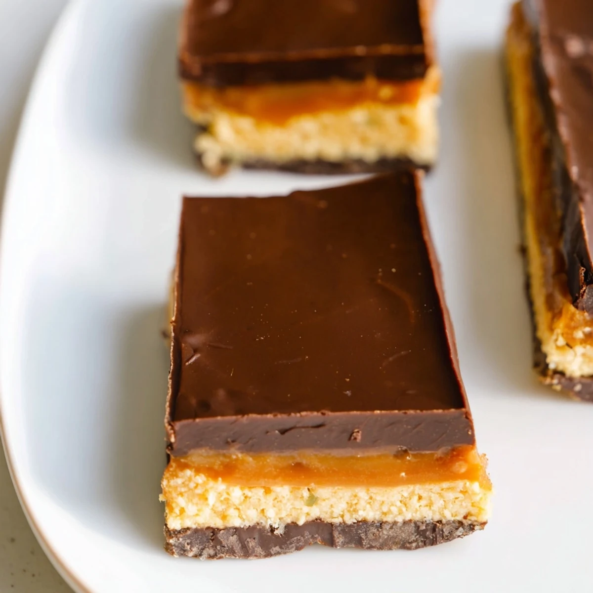 Healthy Twix Bars with glossy chocolate topping and golden caramel on a rustic wooden cutting board