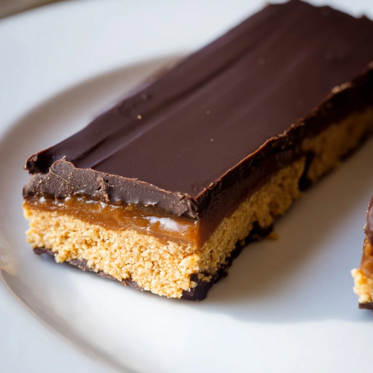 Homemade Healthy Twix Bars sliced to reveal chewy date caramel and crunchy almond flour crust