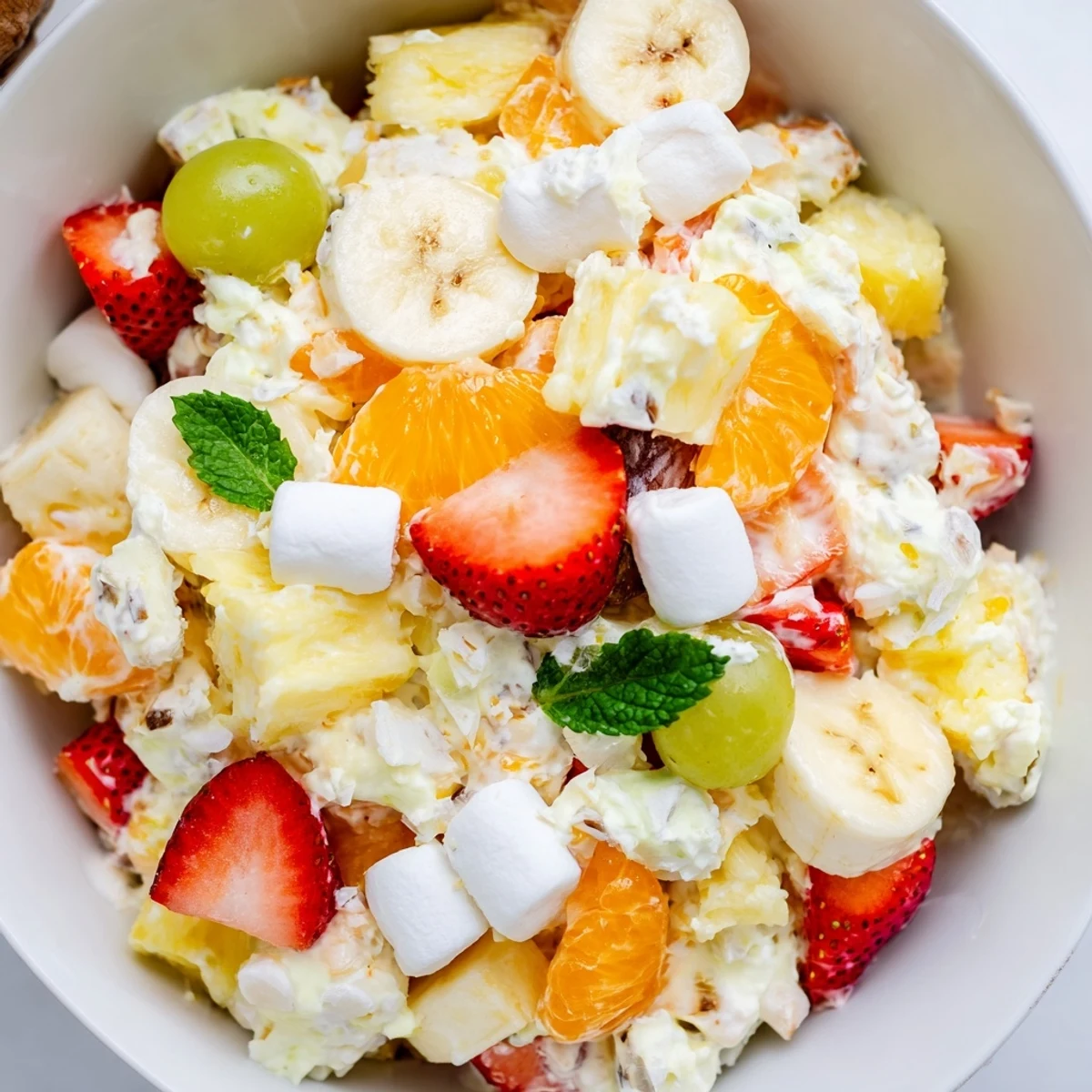 Creamy Hawaiian Cheesecake Salad loaded with fresh pineapple, strawberries, and tropical fruit