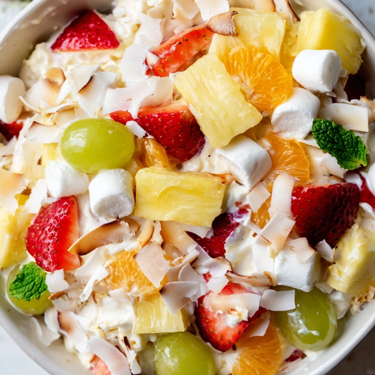 Hawaiian Cheesecake Salad topped with toasted coconut and cool mint garnish