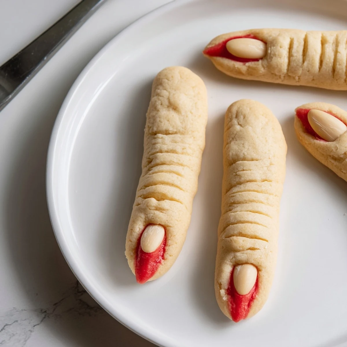 Creepy Witch Finger Cookies with bloody almond nails on a spooky Halloween platter