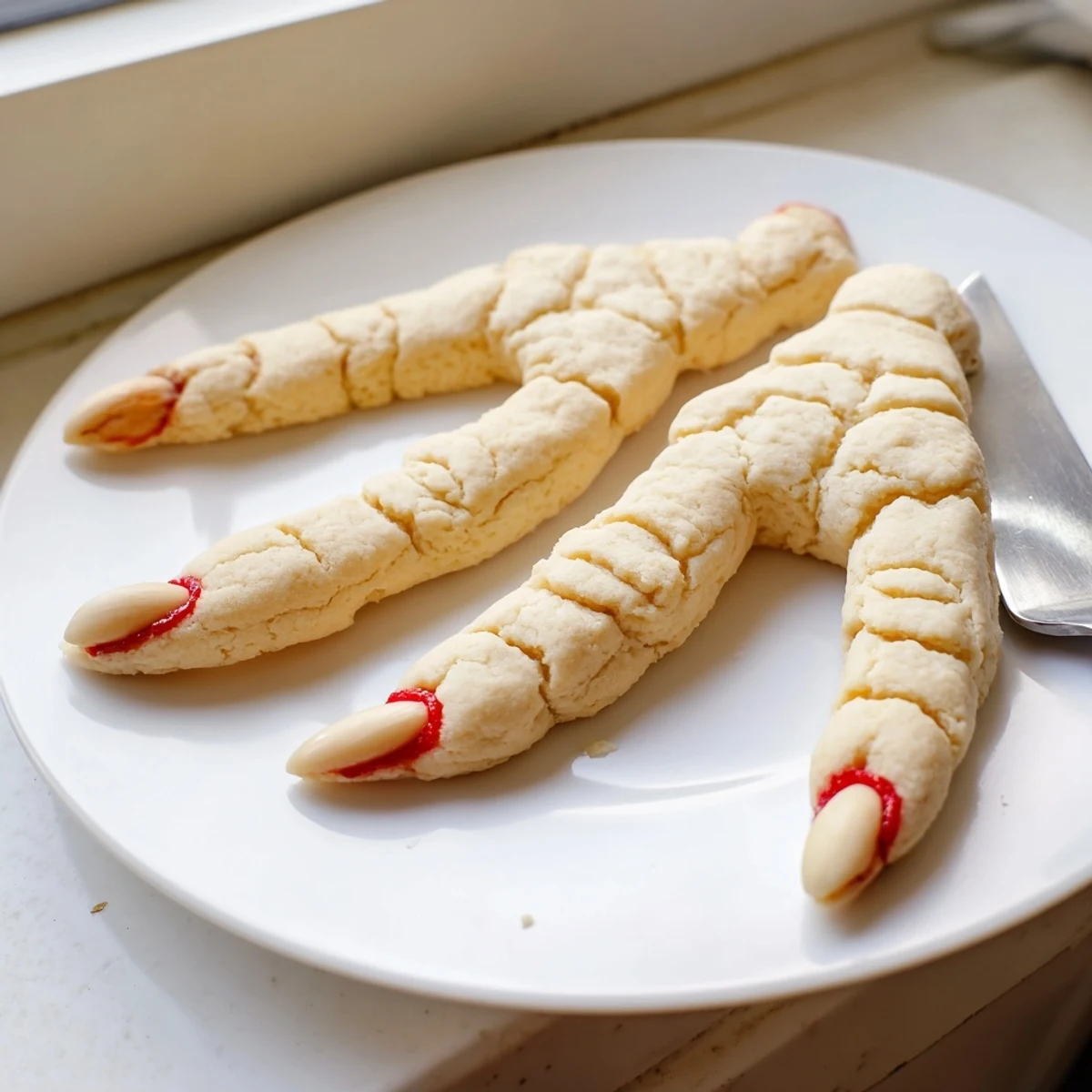 Golden Creepy Witch Finger Cookies arranged on parchment with gory red jam details