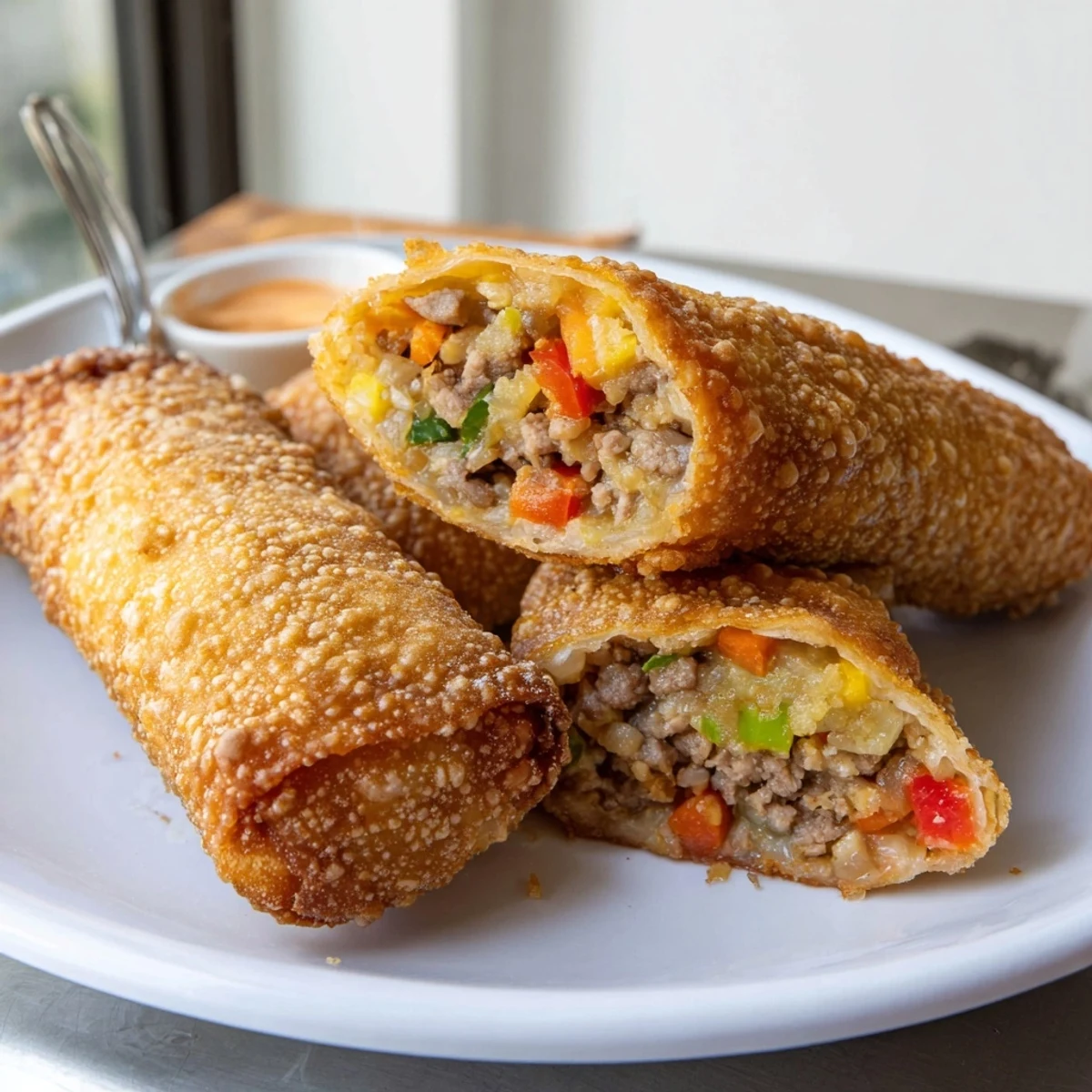 Golden crispy voodoo egg rolls served hot with spicy dipping sauce on a rustic plate