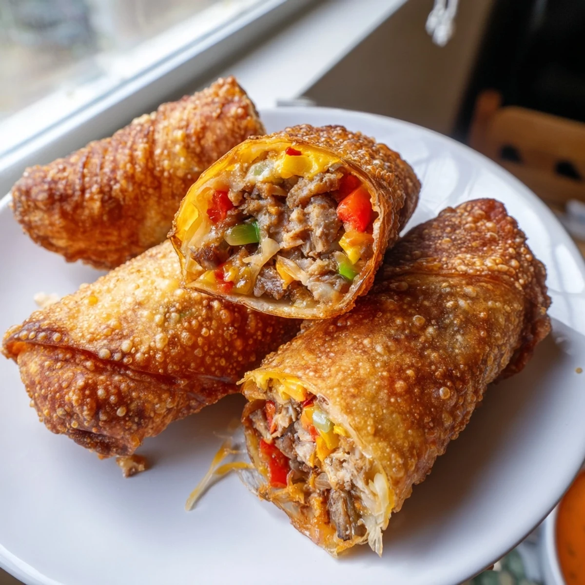 Fried voodoo egg rolls arranged on a platter alongside cool creamy remoulade dipping sauce