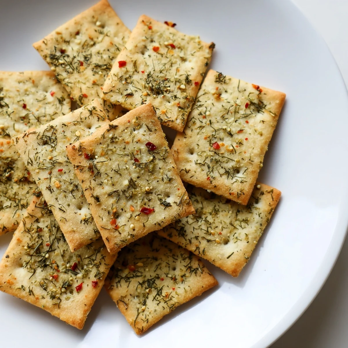 Warm Dill Pickle Saltines arranged on parchment with flecks of fresh dill and golden seasoning