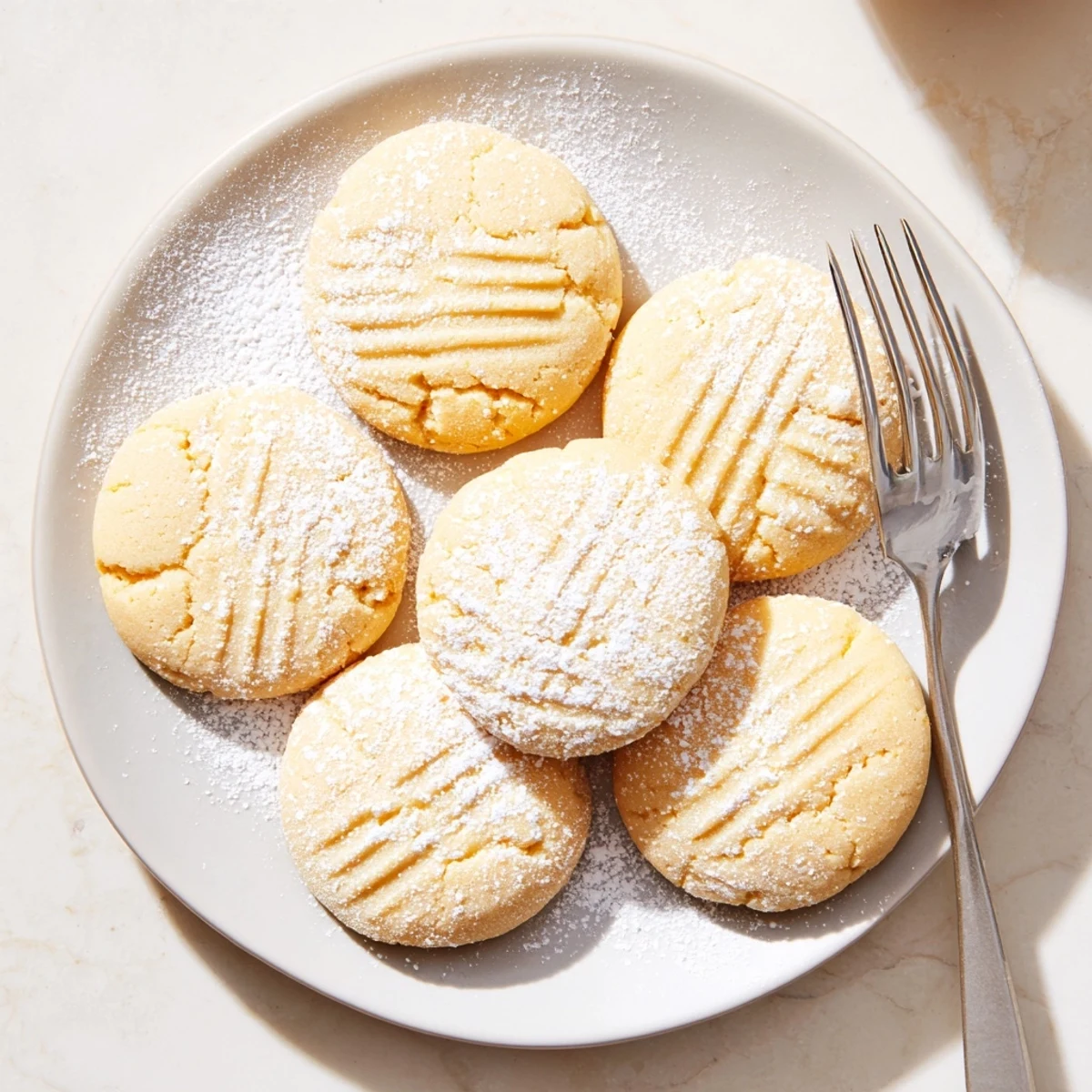 Golden Grandma's Secret Butter Cookies dusted with powdered sugar on a rustic plate