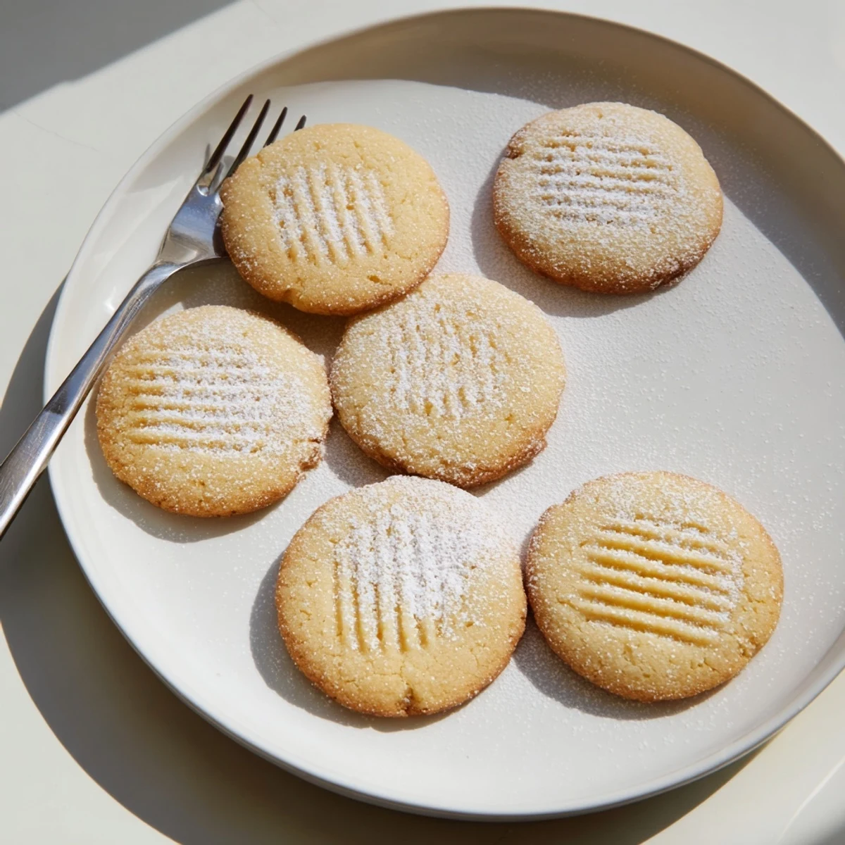 A pile of Grandma's Secret Butter Cookies with crisp edges beside a steaming cup of tea