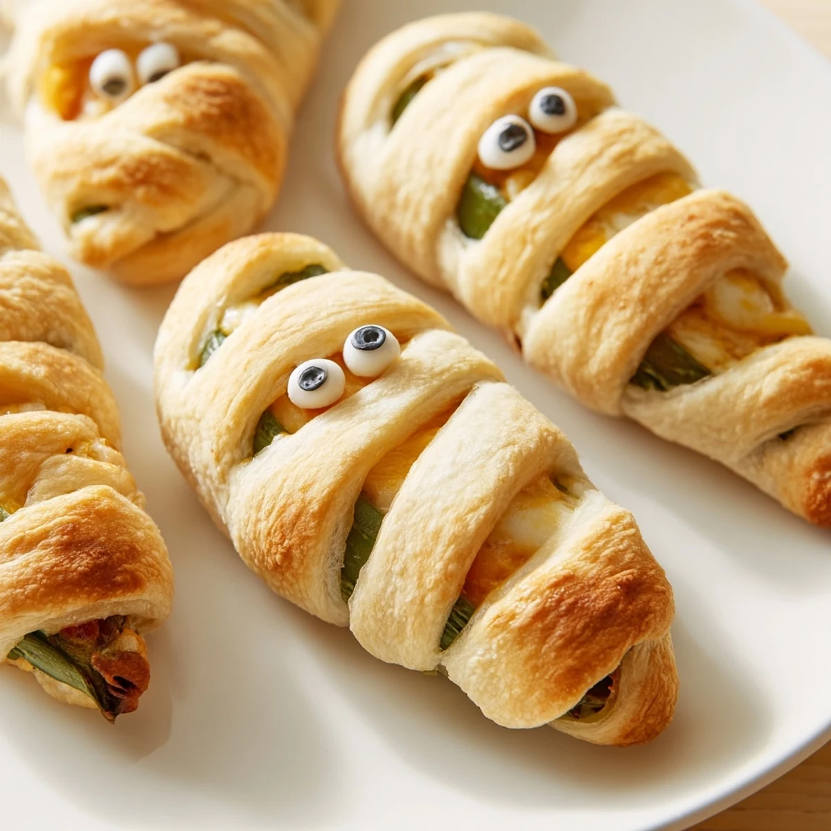 Crispy golden mummy jalapeño poppers with gooey cheese filling and candy eyes on a baking sheet