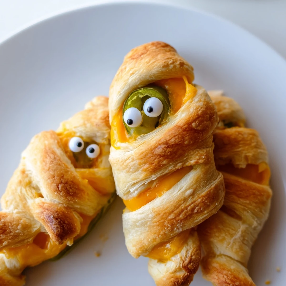 Creamy cheesy mummy jalapeño poppers wrapped in flaky dough bandages served warm for Halloween