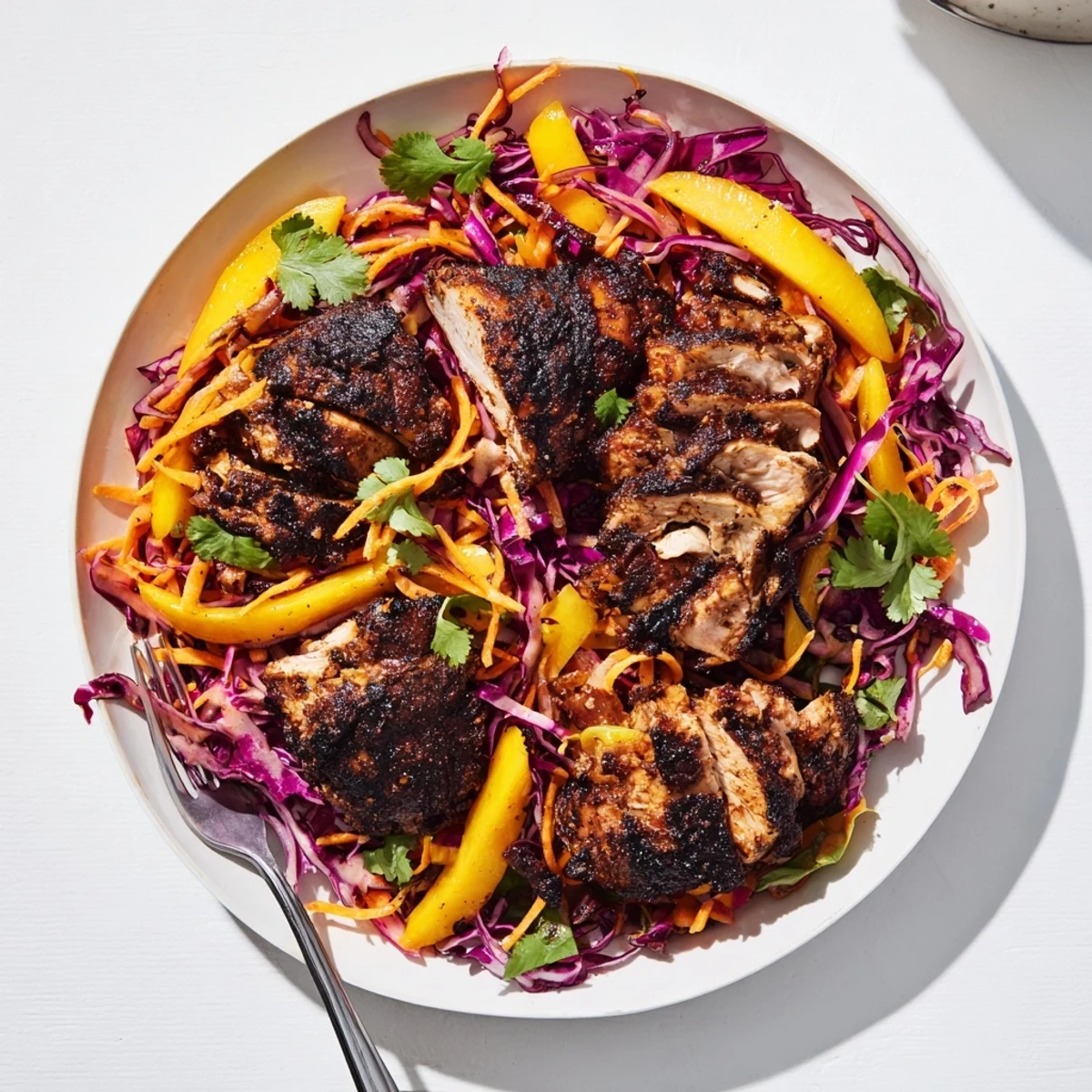 Charred spicy jerk chicken slices resting on a bright, crunchy mango slaw