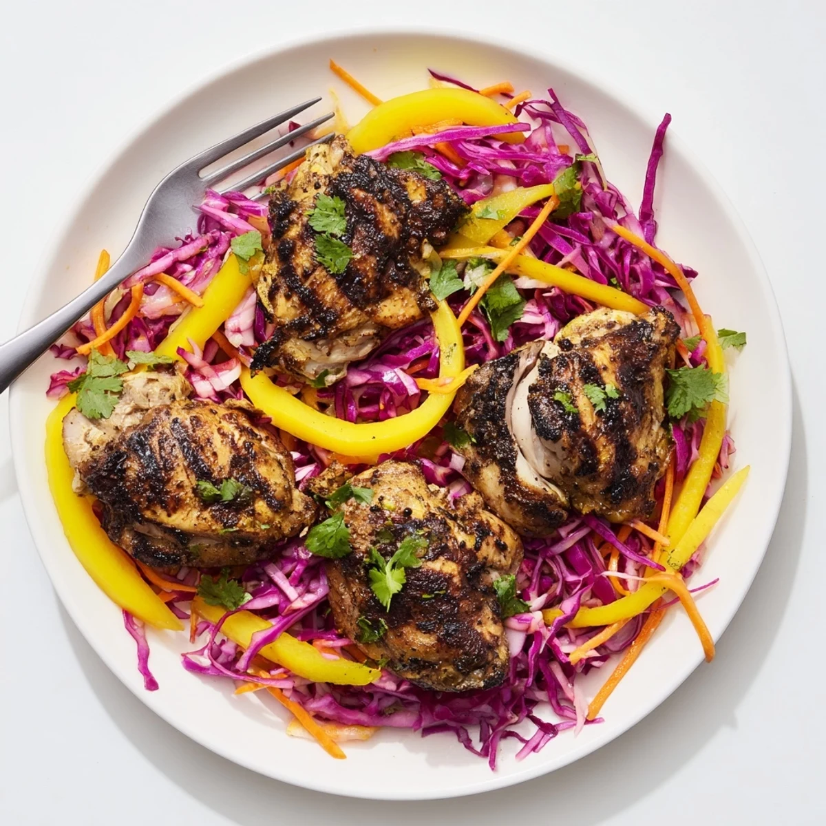 Sliced spicy jerk chicken piled high beside a tangy mango and cabbage slaw