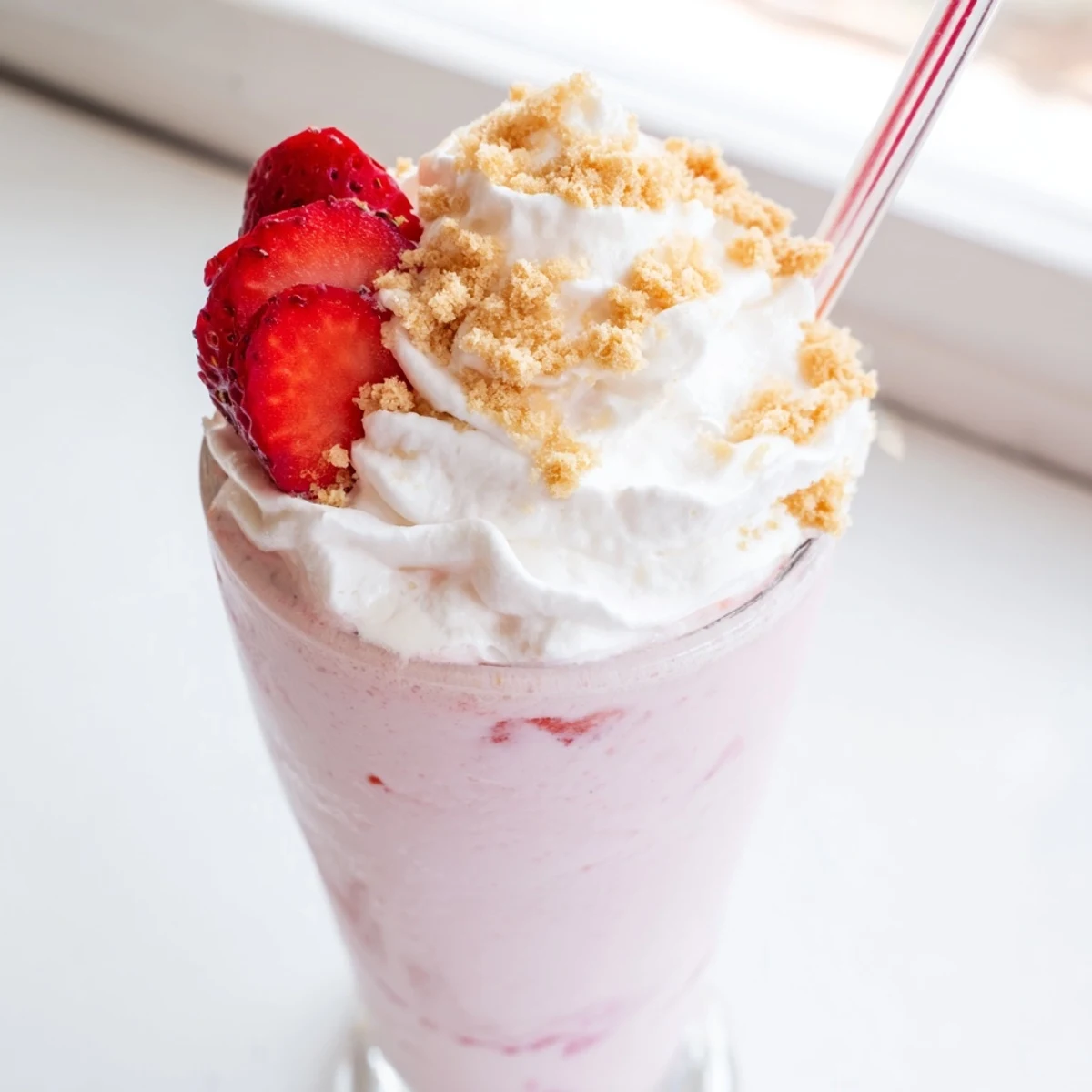 Tall glass of pink strawberry cheesecake milkshake topped with whipped cream and graham cracker crumbs