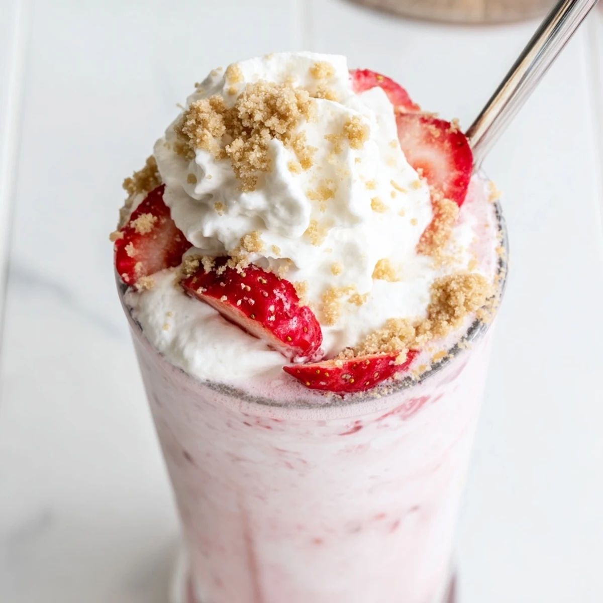 Blended strawberry cheesecake milkshake drizzled with graham crumbs and a swirl of whipped cream