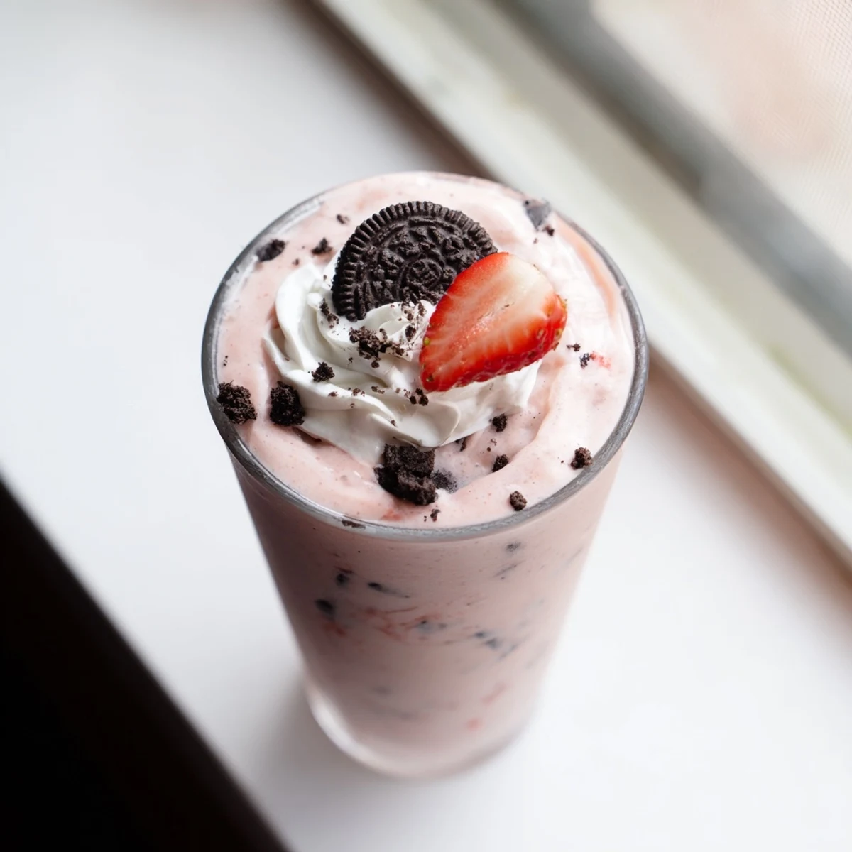 Creamy blended strawberry Oreo milkshake drizzled with a strawberry slice and crushed cookies on the rim
