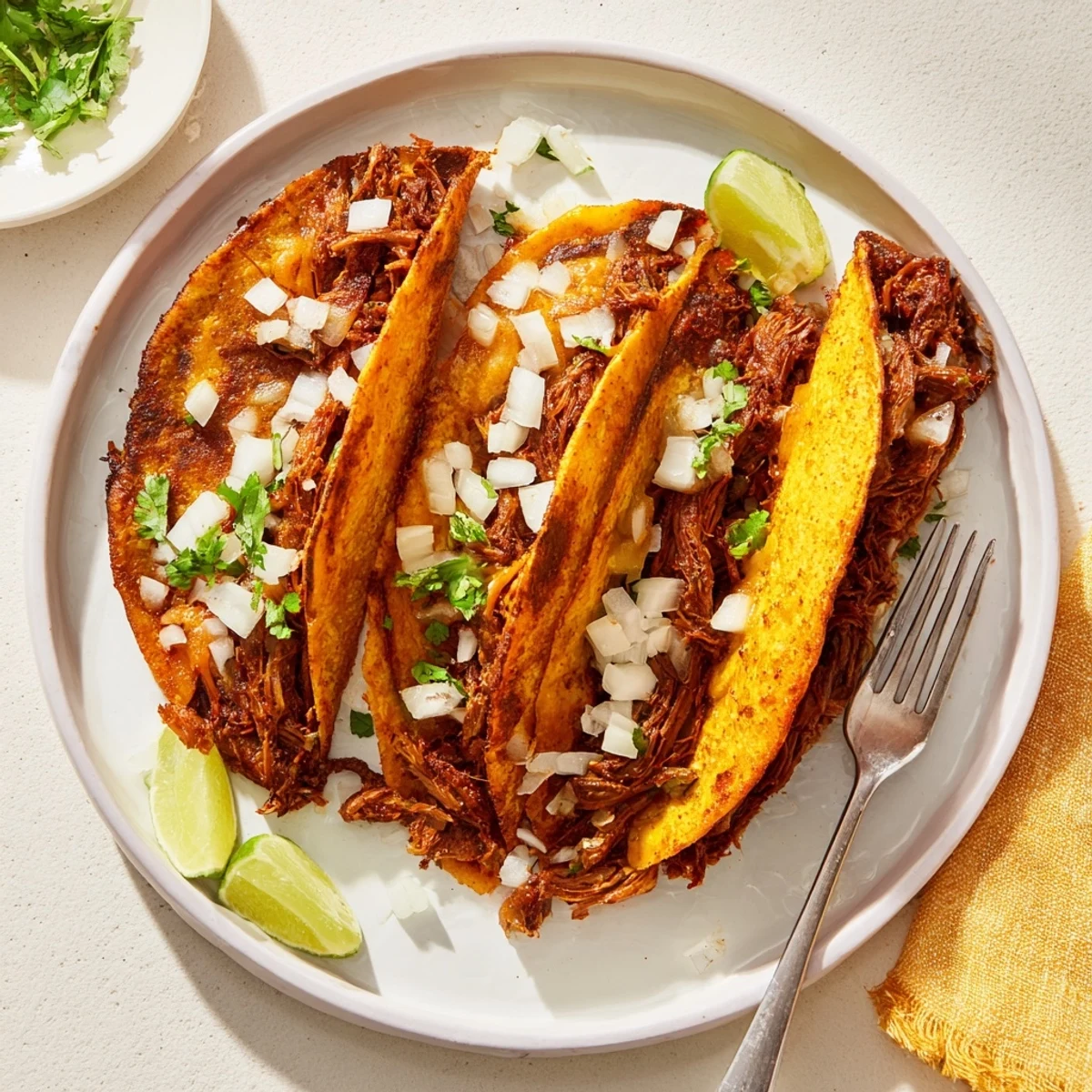Golden slow cooker birria tacos filled with melted cheese and fresh cilantro.