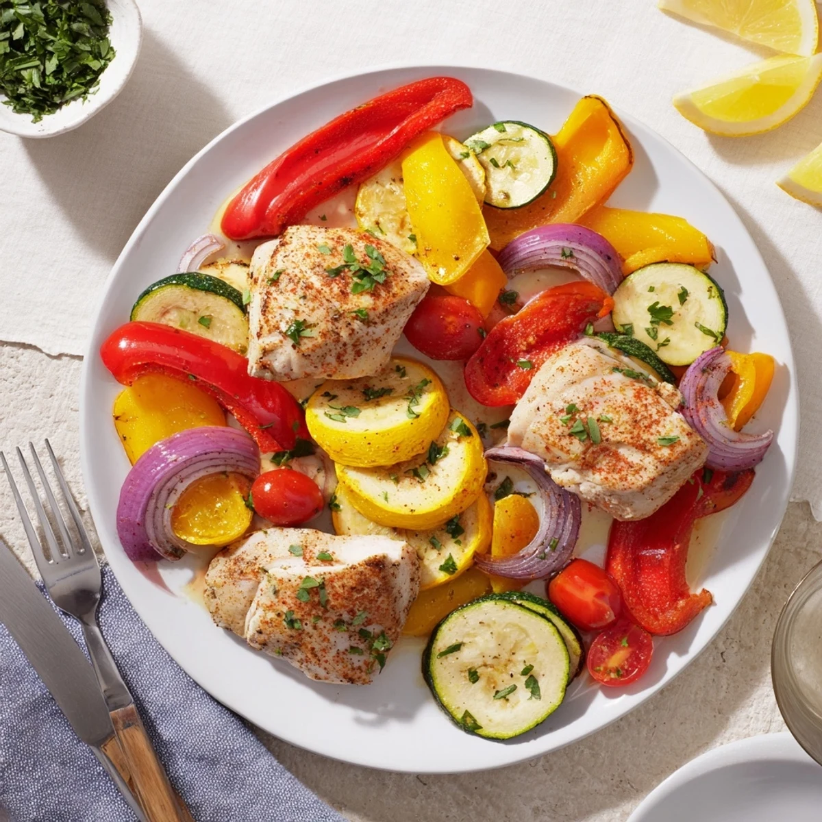 Tender chicken foil packets recipe showcasing sliced squash and peppers on foil