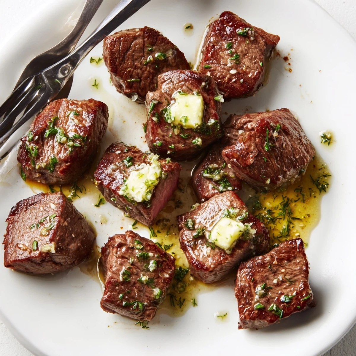 Cowboy Butter Steak Bites Recipe sizzling with garlic-herb butter, served on platter