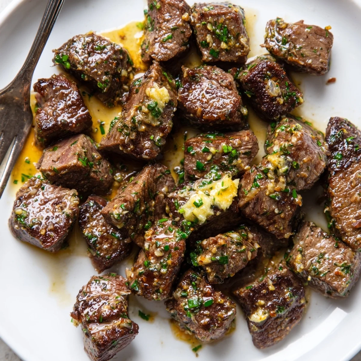 Shareable Cowboy Butter Steak Bites Recipe garnished with fresh herbs, hint of heat