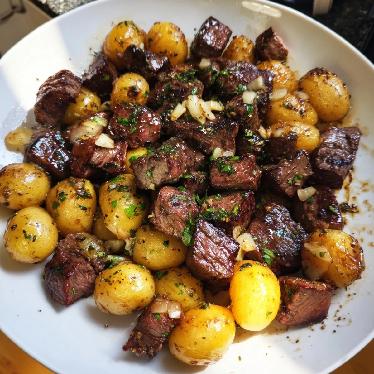 Garlic Steak Bites and Potatoes sizzling in skillet, golden cubes tossed in butter.