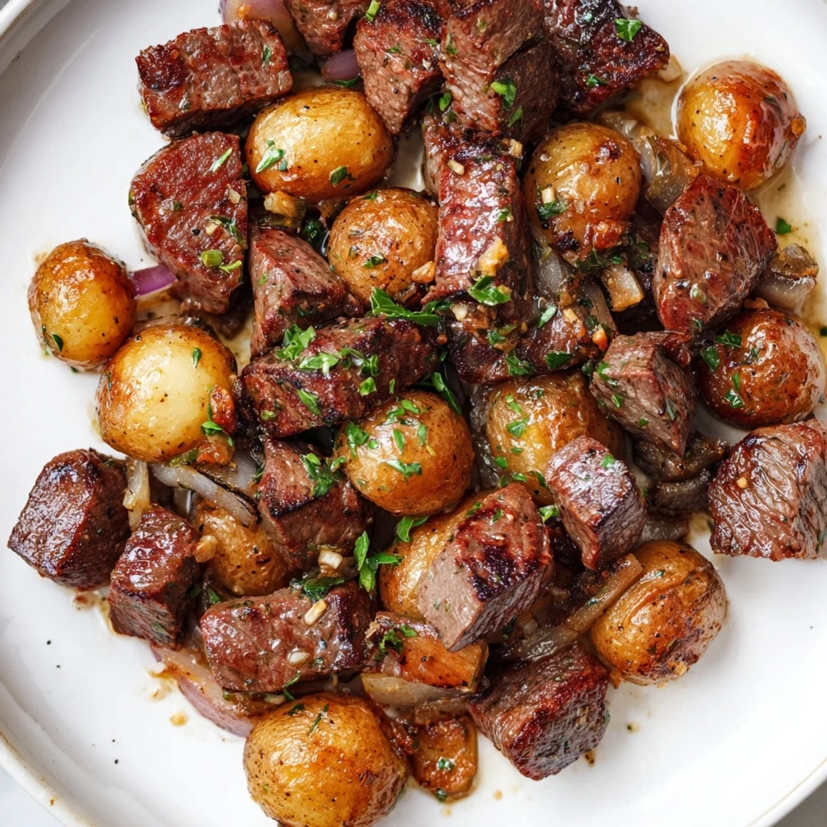 Pan-seared Garlic Steak Bites and Potatoes with garlicky butter and fresh parsley.