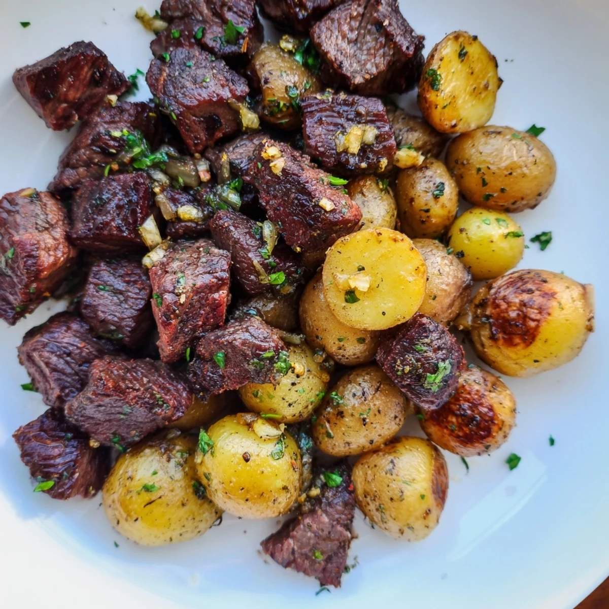 Hearty Garlic Steak Bites and Potatoes plated for weeknight dinner, steam rising.