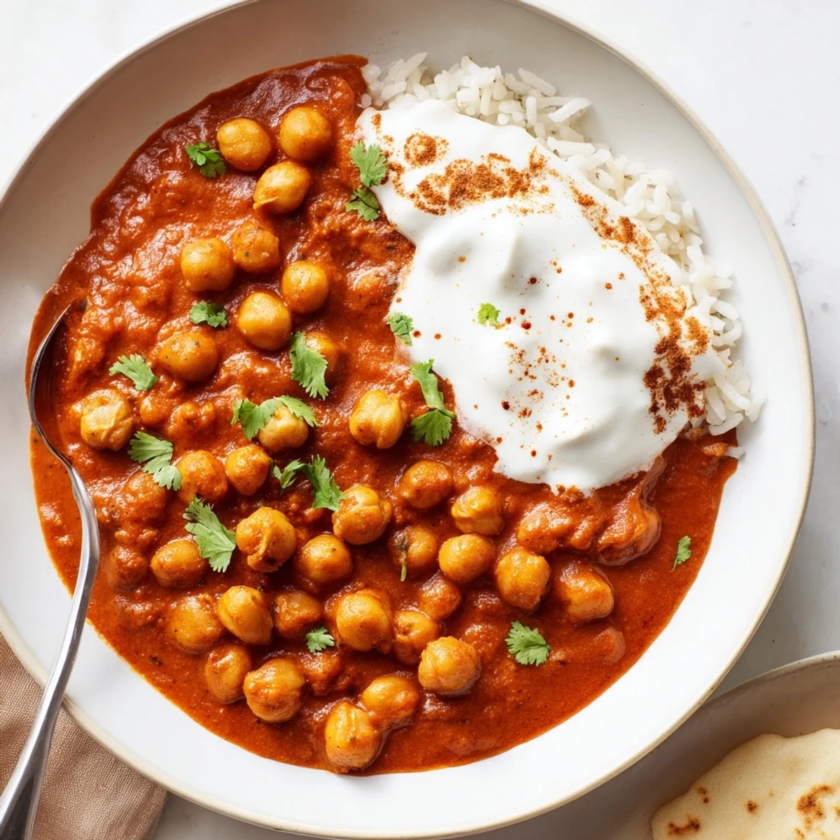 A bowl of Greek Yogurt Chickpea Curry over basmati rice, fragrant spices
