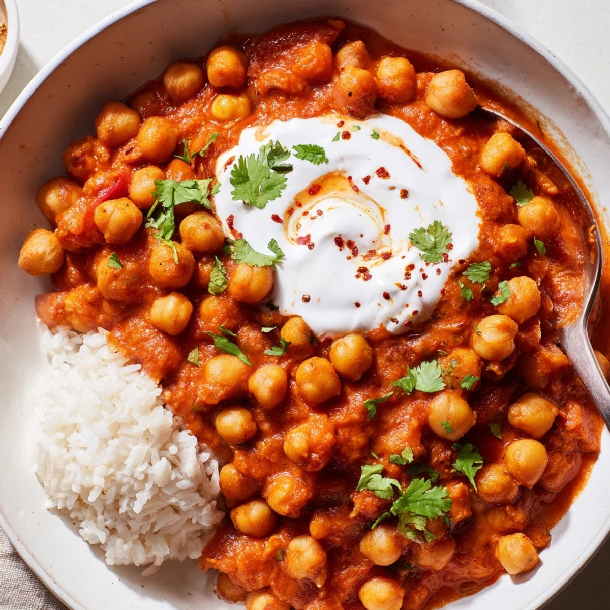 Greek Yogurt Chickpea Curry steaming in skillet, creamy orange sauce, cilantro garnish