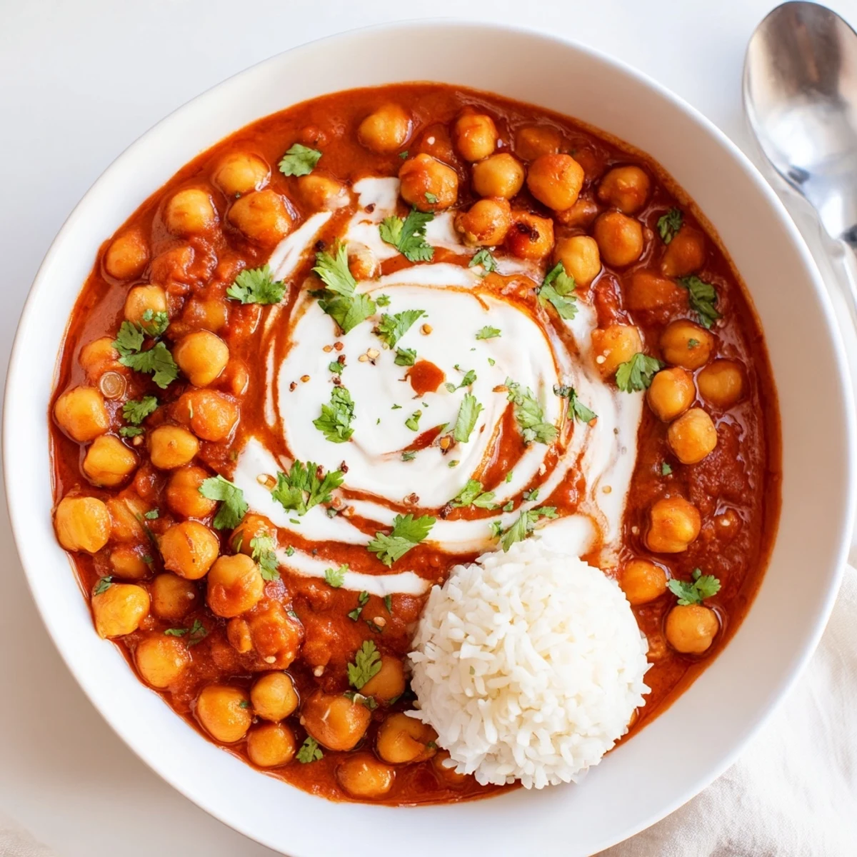 Spoon lifting Greek Yogurt Chickpea Curry, tender chickpeas in creamy sauce