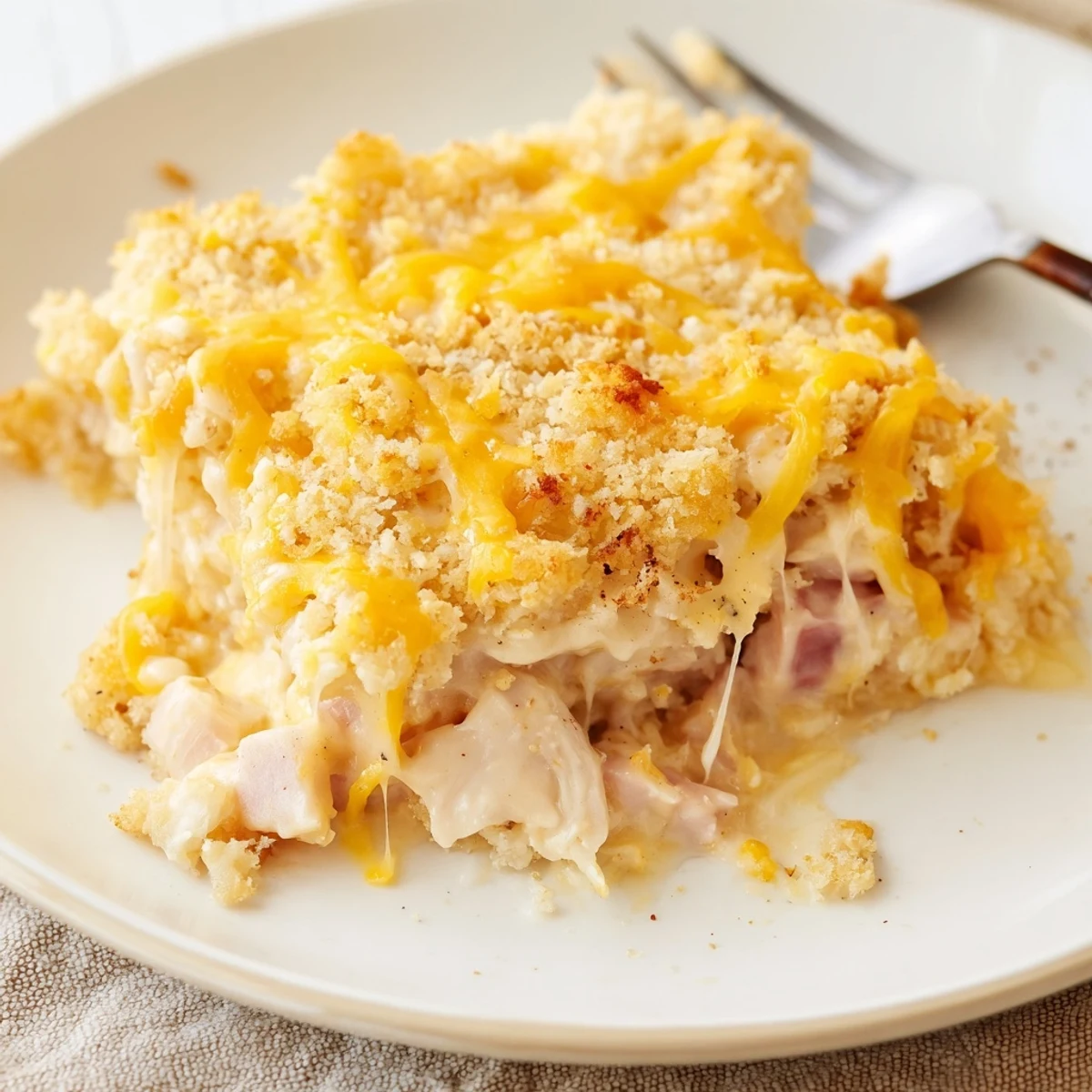Golden, bubbling Chicken Cordon Bleu Casserole with melted Swiss and crunchy Panko