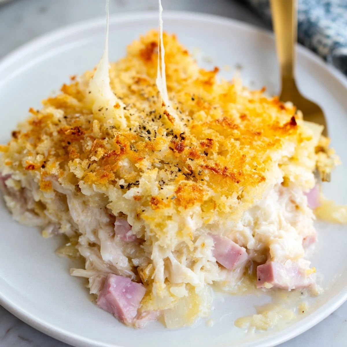 Oven fresh Chicken Cordon Bleu Casserole resting for five minutes, creamy Dijon aroma