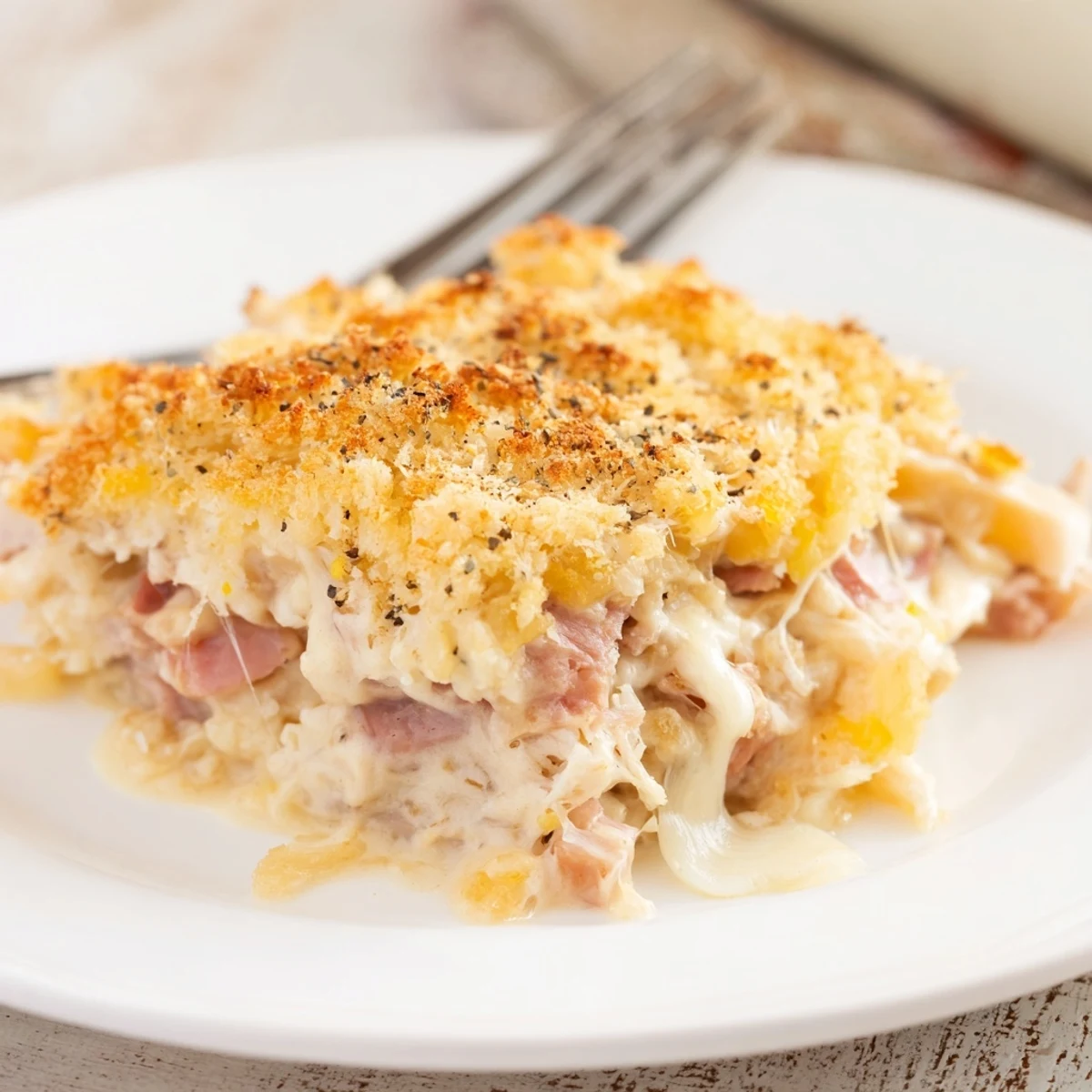 Hearty Chicken Cordon Bleu Casserole sliced, tender chicken and ham, paired with salad