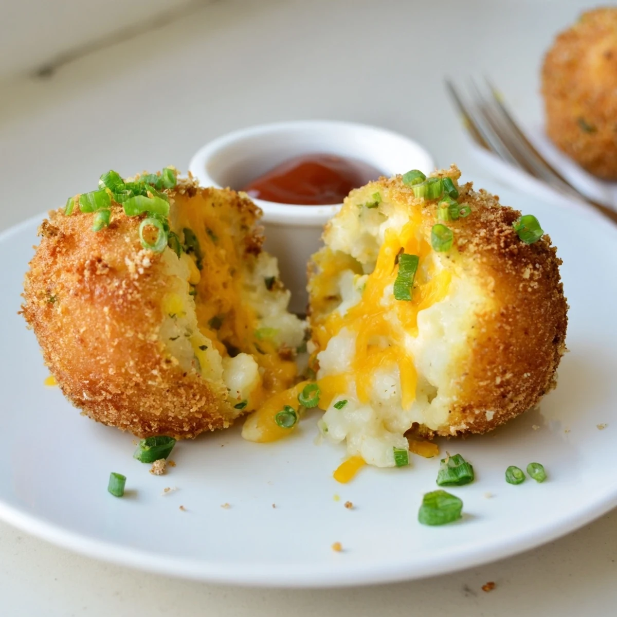 Bite-sized Fried Mashed Potato Balls, cheesy center oozing, perfect party appetizer  