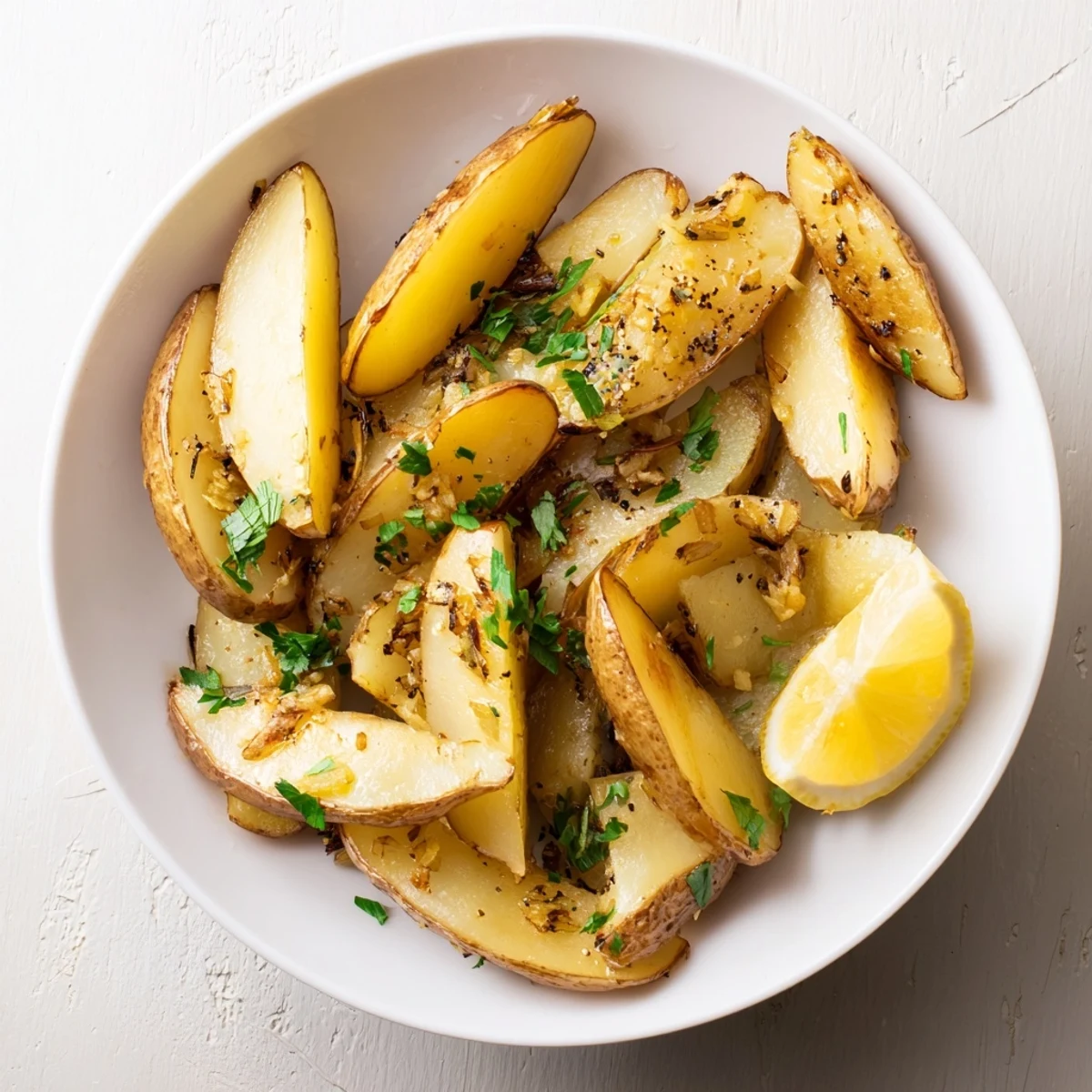 Oven-roasted Authentic Greek Lemon Potatoes Recipe served hot with parsley and lemon