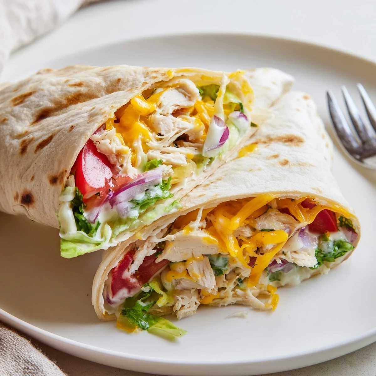 Cheesy Garlic Chicken Wraps sliced in half, gooey cheese and crisp lettuce.