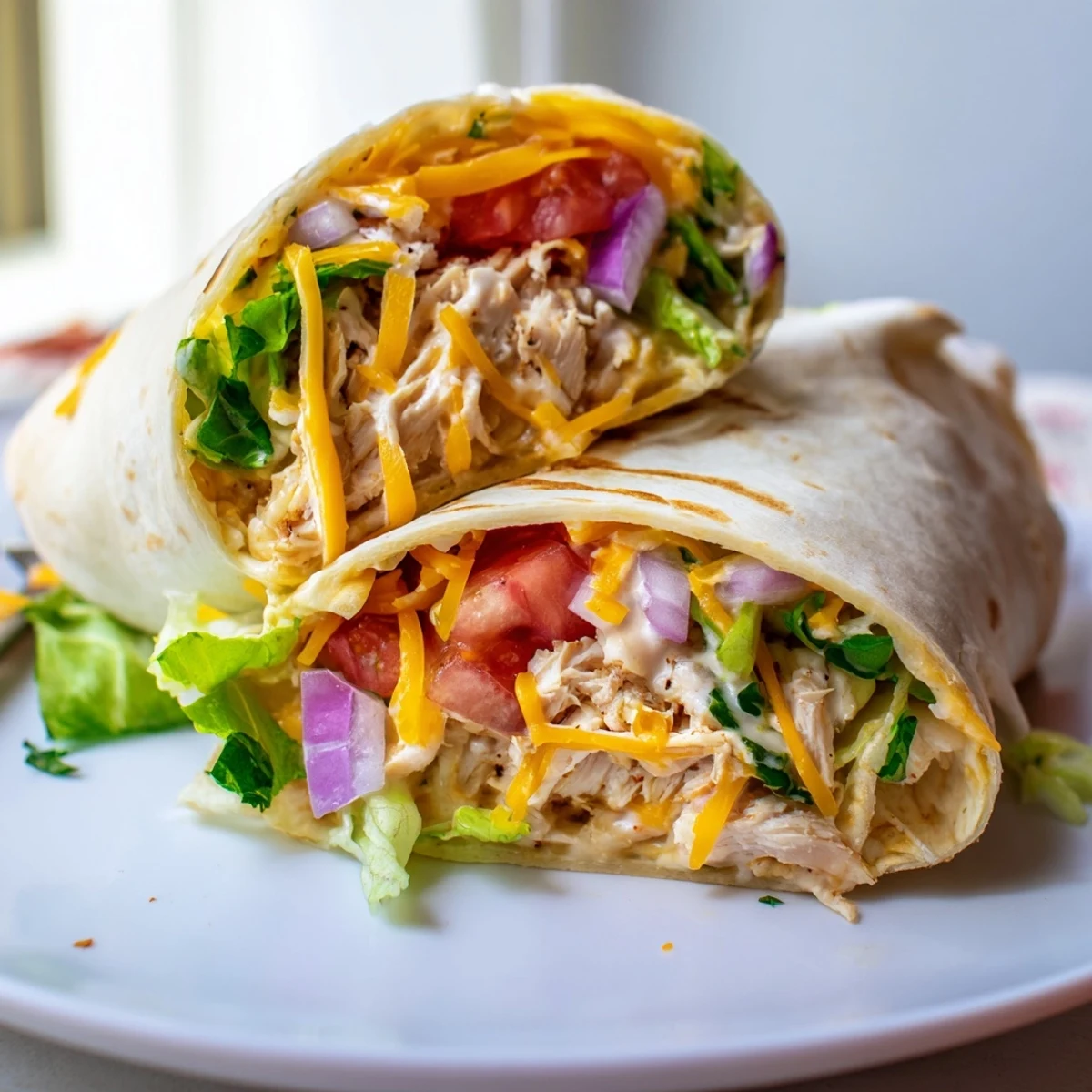 Warm Cheesy Garlic Chicken Wraps grilled briefly for melted cheese, served with sauce.