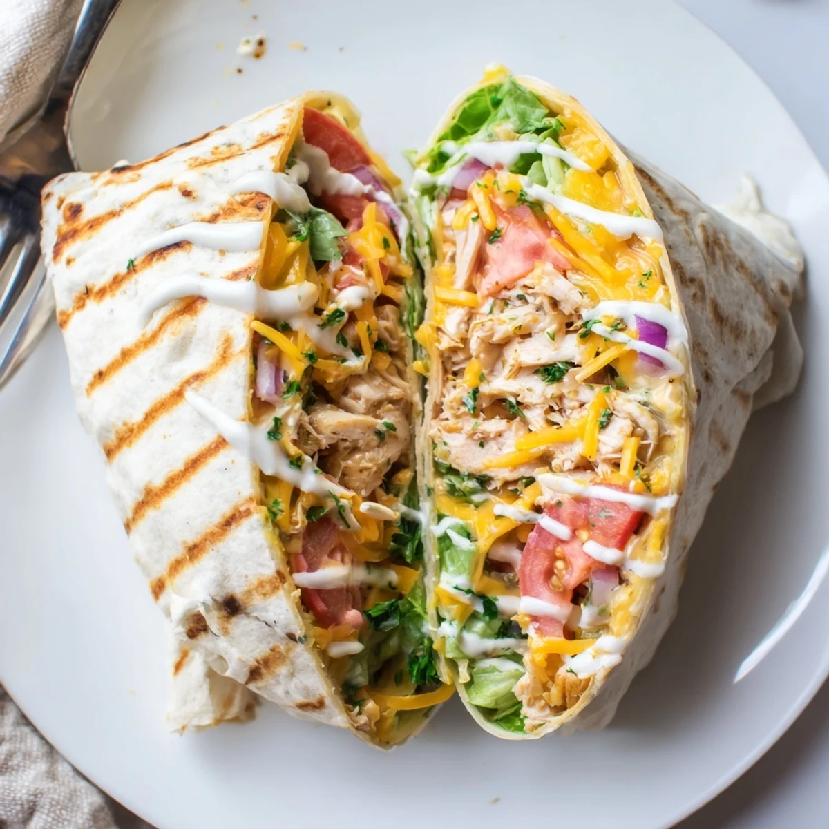 Family-style Cheesy Garlic Chicken Wraps packed with juicy chicken, tomato, and tangy sauce.