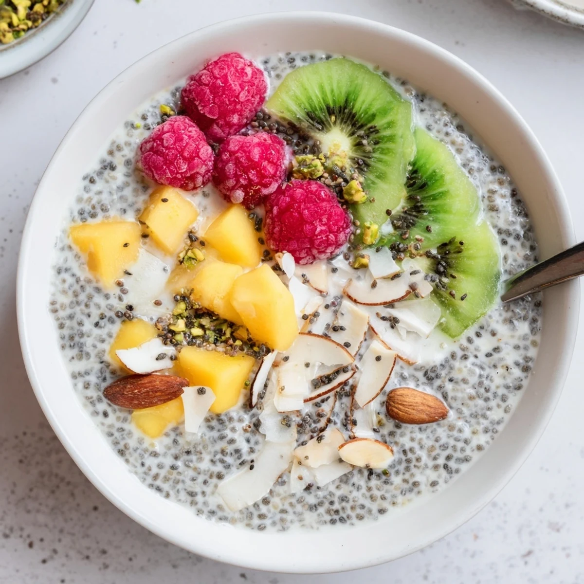 Coconut Chia Pudding topped with mango and toasted coconut flakes, silky texture