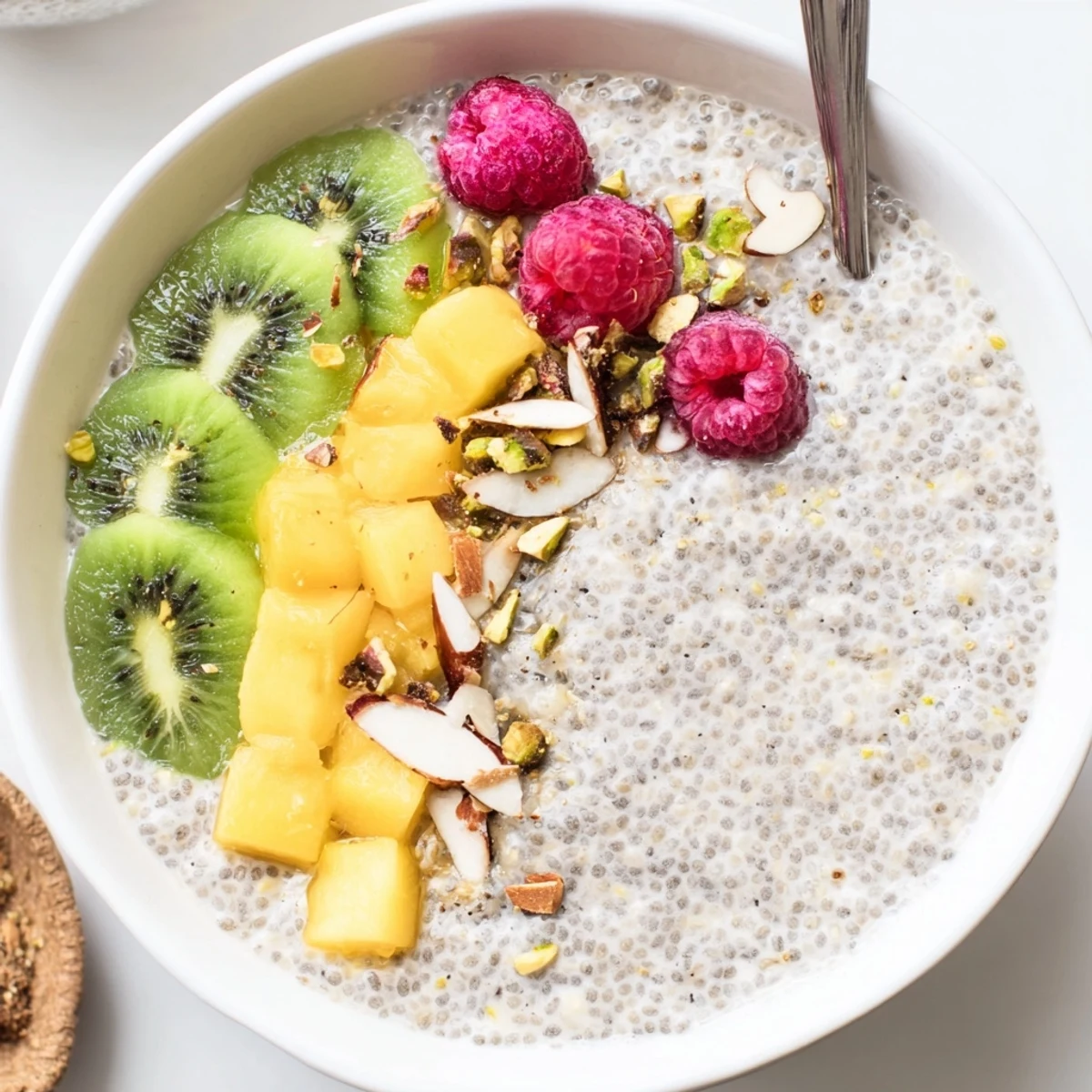 Velvety Coconut Chia Pudding garnished with berries and crunchy almonds, refreshing