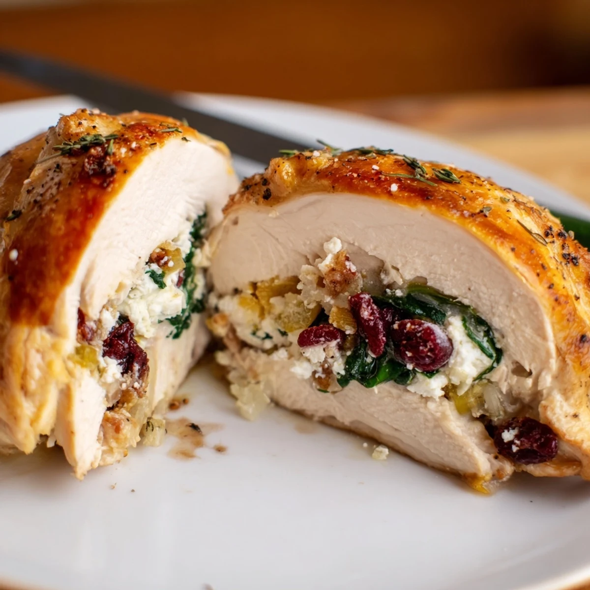 Oven-browned Cranberry Spinach Stuffed Chicken Breasts with melty cheese and tart cranberries